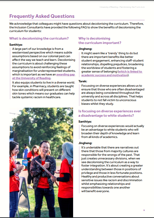 A screenshot of the Frequently Asked Questions section of the Decolonising the Curriculum toolkit resource.